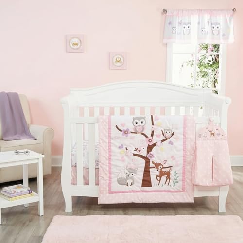 Image of EVERYDAY KIDS 4 Piece Girls Crib Bedding Set - Owls - Soft 100% Cotton Percale - Includes Quilt, Fitted Sheet, Dust Ruffle and Diaper Stacker - Nursery Bedding Set - Baby Crib Bedding Set