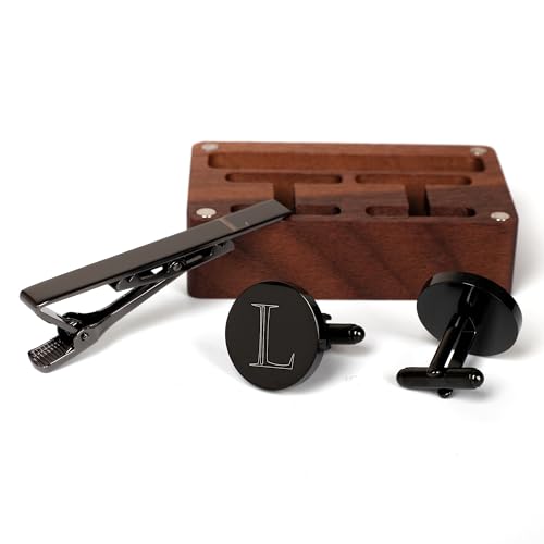 Image of Mens Initial Cufflinks and Tie Clip A-Z Alphabet Letter Black Stainless Cuff Links Tie Bar with Engraved Walnut Wood Box Groom Groomsman Wedding Set
