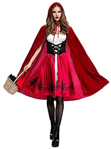 Simplecc Women Little Red Riding Hood Costume Christmas Halloween Party Dress with Cape Large