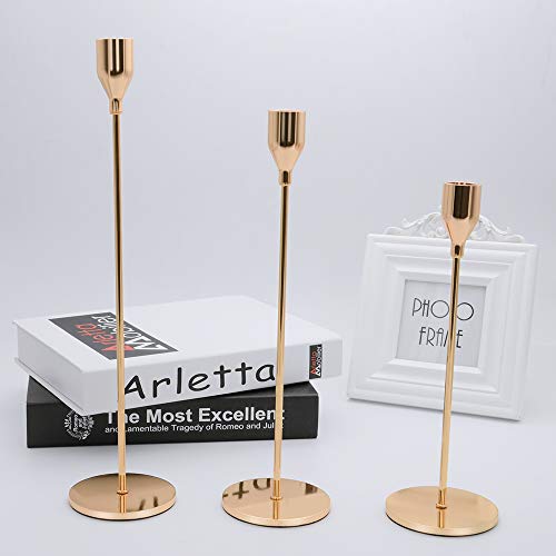 Candle Holders For Taper Candles Set Of 3 Decorative Candlestick Holders For Wedding, Dinning, Party Fits 3/4 Inch Thick Candle&Led Candles (Gold Brass Metal Candle Stand) #TOP4