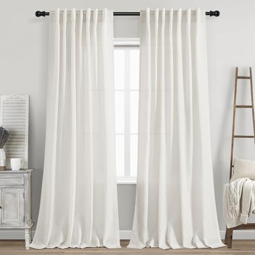 Image of Nanspring Beige White Linen Curtains 84 Inch Length 2 Panels Set for Living Room Rod Pocket Back Tab Light Filtering Window Drapes for Bedroom Dining Room Protect Privacy Home Decor