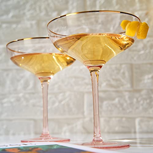 The Wine Savant Colored Blush Pink & Gilded Rim Coupe Glass, Large 9Oz Cocktail & Champagne Glasses 2-Set Vibrant Color Short Gold Vintage Tumblers, No Stem Margarita, Glassware Gift Idea (Coupe) #TOP6