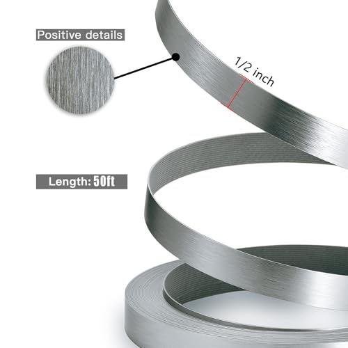 Image of Gray Edge Banding, 1 /2 inch x 50ft Non Glued Flexible Durable Real Brushed Aluminum Grey Silver Veneer Edge Trim for DIY Table Cabinet Furniture Decorative Trim