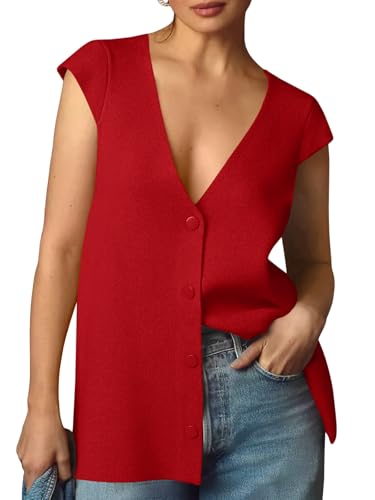 Image of Saodimallsu Womens Deep V Neck Sweater Vest Sleeveless Knit Button Up Loose Fit Cap Sleeve Trendy Summer Tops