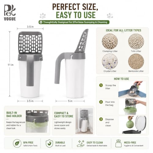 Image of PetVogue Cat Litter Scooper with Built-in Waste Container | One-Handed Cat Litter Scoop | Portable Deep Shovel | Durable Plastic Kitty Litter Cleaner | Easy Sifting Cat Litter Cleaning Tool