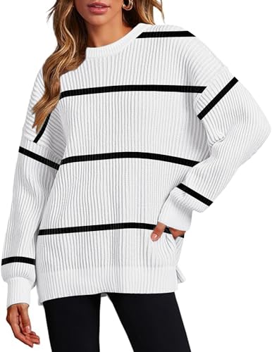Image of Zeagoo Women 2026 Fall Lightweight Oversized Sweater Crew Neck Long Sleeve Color Block Pullover Rib Knit Blouse Tops XS-2XL