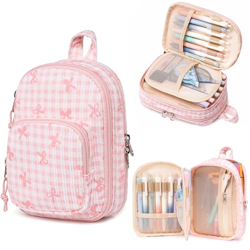 Image of LEDAOU Pencil Case Cute Zipper Pencil Pouch Large Capacity Pencil Bag Organizer School Supplies for Girls Boys Kids (Pink Checkered Bow)