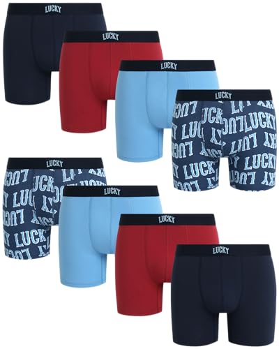 Lucky Brand Mens Boxer Briefs - 8 Pack 6'' Inseam Cotton Blend Performance Mens Underwear Boxers with Contour Pouch, Size Medium, Dusk Blue/Print/Earth Red