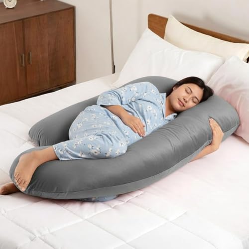 Image of BabyPro J-Shaped Pregnancy Pillow with Silky Cooling Velvet Cover, Grey | Full Body Pillow for Back Pain, Head, Belly, Hips & Knees, Soft Cushion