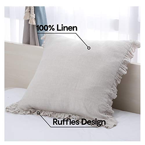 King Linens 100% French Linen Throw Pillow Covers - Set Of 2 - Washed Flax Decorative Ruffled Square Cushion Cover Solid Color Soft Breathable - Linen, 18'' X 18'' #TOP2