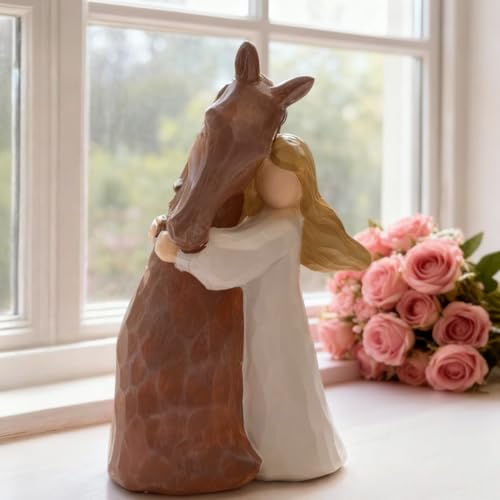 Statuette en résine représentant une fille embrassant un cheva, cadeau sur le thème du cheval pour filles et femmes, cadeau cheval petite statue d'amitié...