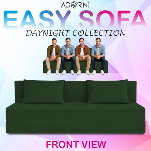 Image of Adorn India Easy 4 Seater Sofa Cum Bed | Velvet Fabric | Dark Green | Plain Design | 6x6 Ft | Comfortable Seating | Washable Cover | Perfect for Home & Office