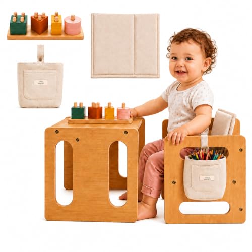 Little Habitats Montessori Weaning Table & Chair Set Kids Desk & Activity Table with Flip Chair Removable Cushion Hanging Pouch & Toy Convertible Indoor/Outdoor Toddler Dining Play & Learning