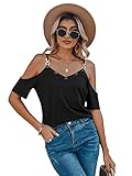 SheIn Damen Cold Scholder T-Shirt mit Kette Kurzarm Sommer Oberteil Träger Tops Einfarbig V-Neck Casualshirt Schwarz M