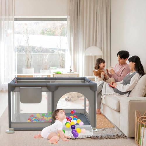 Laufstall Baby 120x120cm, Laufgitter Baby mit 2 Zugringen, Kinder Laufgitter mit Atmungsaktivem Netz und Reißverschluss für Kleinkinder, Dunkelgrau