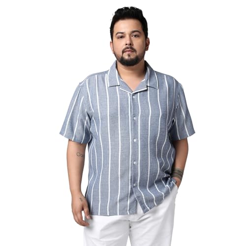 Image of Urbano Plus Men's Cotton Half Sleeve Relaxed Fit Linen Striped Shirt with Cuban Collar