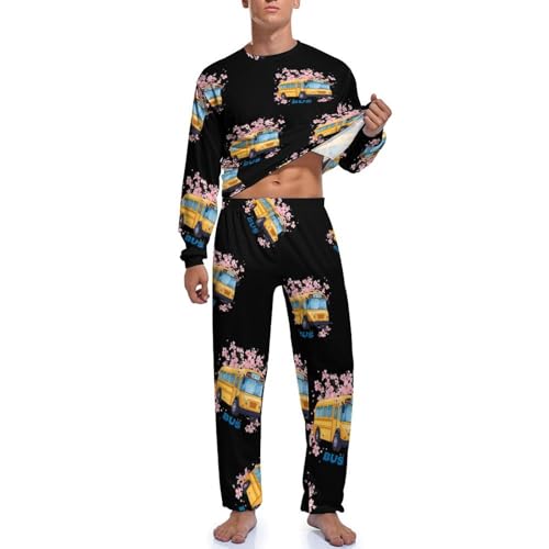 School Bus Floral Mens Pajama Set Soft Long Sleeve Sleepwear Lounge Set Pjs3