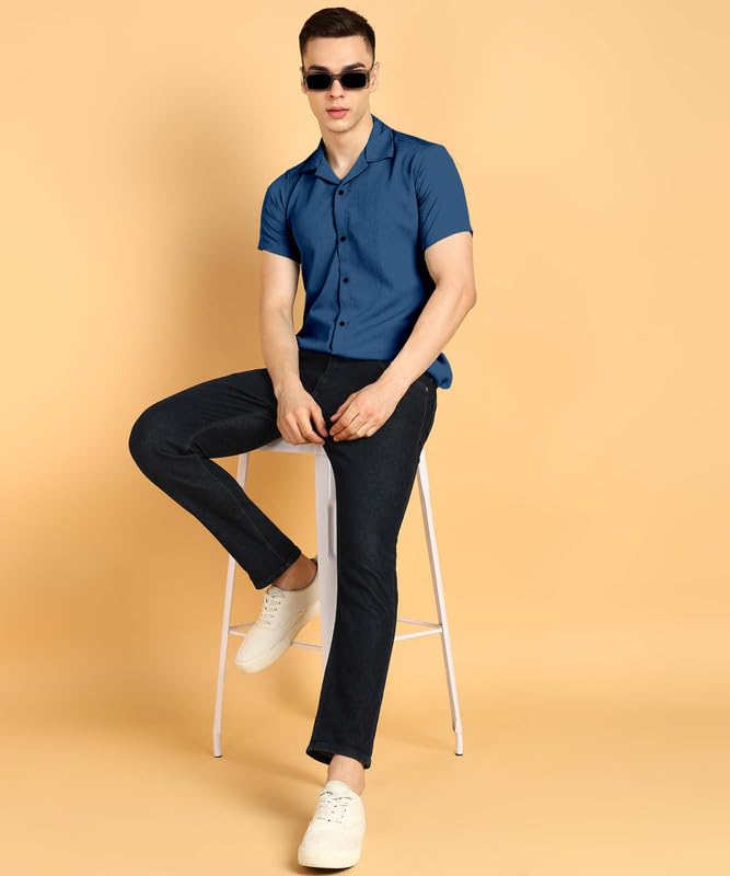 Image of COMBRAIDED Men's Solid Cotton Blend Half Sleeve Shirt - Regular Fit Casual Button-Down Shirt for Office & Travel - Summer & Spring