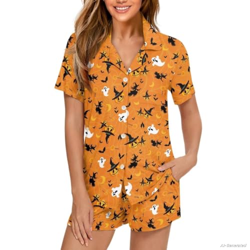 Image of Renewold Women's Short Sleeve Pajama Set Button Down Sleepwear with Notch Collar Soft Lounge Top and Shorts with Pockets