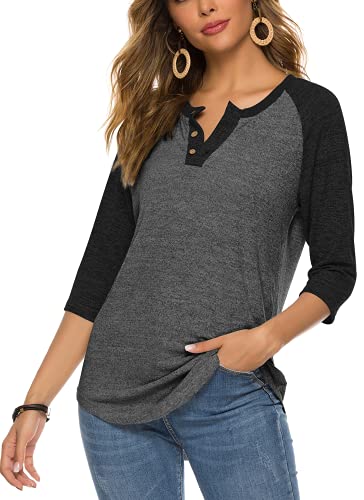 HOCOSIT Women's Raglan V Neck Summer Tops 3/4 Sleeve Ladies Button Henley Shirt Boyfriend Style Blouse2
