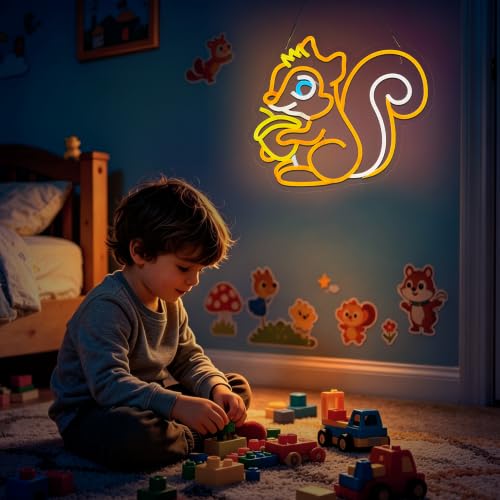 Image of Squirrel Neon Sign for Wall Decor,LED Dimmable Signs Gifts for Kidsroom Men Cave Game Room Decor, Birthday Party Decoration Gift