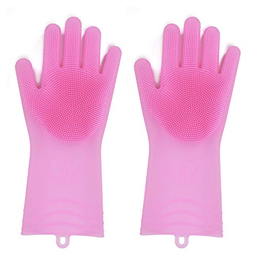Preisvergleich Produktbild SHUHAO Silikon-Handschuhe, Wash Scrubber Hitzebeständige Wiederverwendbare Silikon Abwasch Handschuhe Mit Pinsel Gummi Scrubbing Handschuhe Für Wasch Küche Badezimmer Auto,Rosa