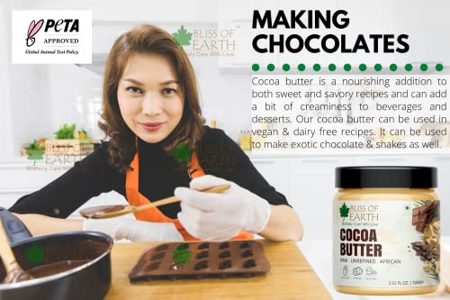 Image of Bliss of Earth African Cocoa Butter, Rich in Fatty Acids and Antioxidants, Raw Cocoa Chocolate Butter, Vegan, PETA Approved, Moisturizes, Prevents Stretch Marks, Anti-Aging, 100 g,