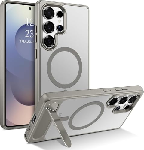Image of Elzzi Magnetic Cover Compatible For Samsung S25 Ultra 5g Case with Adjustable Metal Kickstand, Compatible with Mag-Safe Translucent Matte Protective Phone Shockproof Case, Natural Titanium