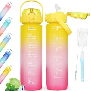 AOPREL 1L Water Bottles BPA Free Sports Drinking Bottle with Straw, Dishwasher Safe Leakproof Motivational Water Bottle with Time Markings, Non-Toxic Canteen Bottle with Handle (Yellow Gradient)