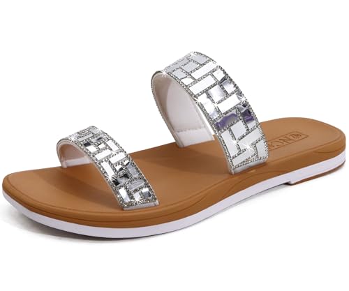 ONCAI Rhinestones Slide Sandals for Women with Glittery Trendy Square Open Toe Summer Flat Sparkly Dressy Sandals for Women 2025 with Slip-on Rubber Soles