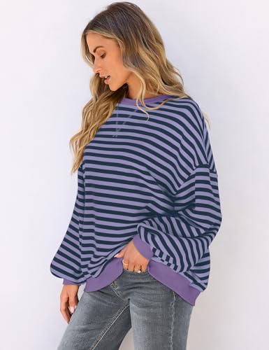 Image of UEU Women Oversized Striped Crewneck Sweatshirt Long Sleeve Color Block Pullover Tops Casual Loose Workout Shirt