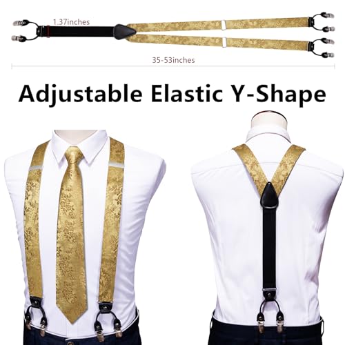 Image of Barry.Wang Men Suspender Set with Necktie Elastic Y Type Heavy Duty 6 Clips Braces Tie Handkerchief Cufflink Pin 6PCS