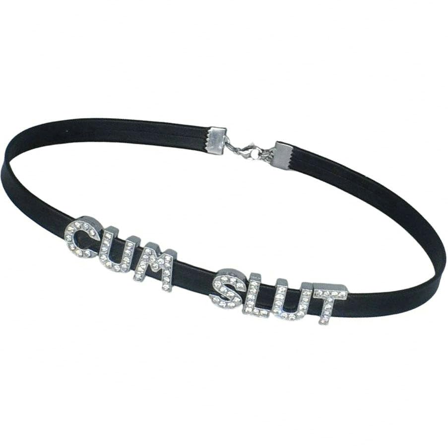 CUM SLUT Rhinestone Choker Necklaces For Wife and Husband,Artifical Crystal Punk PU Leather Collar Chokers For Lover,Gothic Letters Jewelry For Women