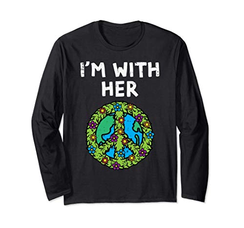 Im With Her Peace Symbol Sign Flowers Cool Earth Day Hippie Manche Longue