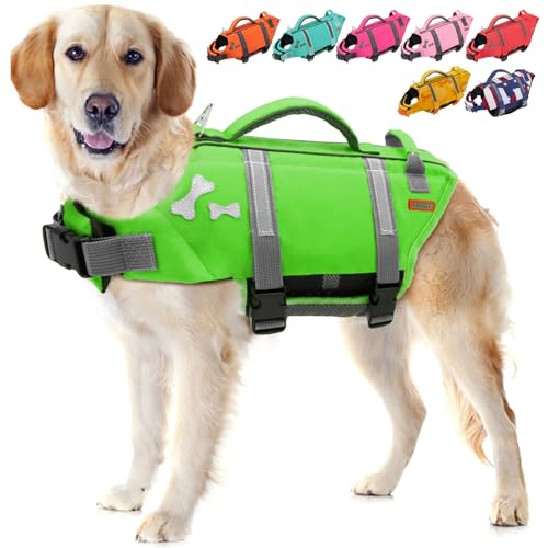 EMUST Life Jackets for Dogs, Adjustable Small/Medium/Large Dog Swim Vest for Water Safety Pet Life Vest with Rescue Handle Safety Vest for Swimming Pool Beach Boating, XL, NewGreen