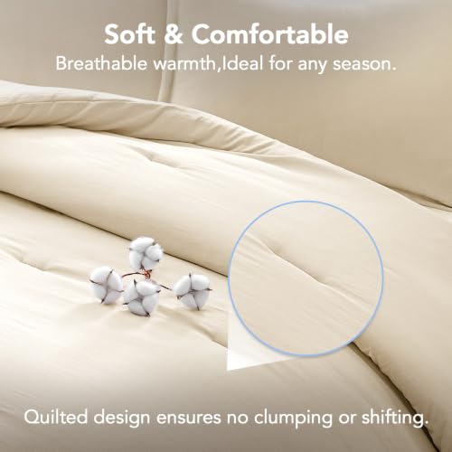 Image of Twin Comforter Set Prewashed Lightweight Quilted Bedding for All Season | 2PCS Cream Breathable Down Alternative Bedding Set with 1 Solid Comforter (68 inchx90 inch) and 1 Soft Pillowcases (20 inchx26 inch)