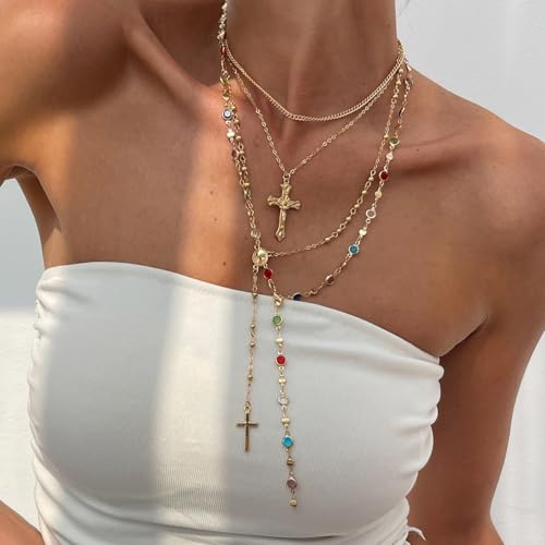 Gold Color Cross Pendant Necklace Set for Women,Dainty Big Crystal Cross Imitation pearl Layered Chain Necklace Summer Party Jewelry3