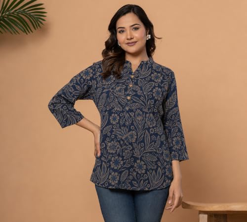 Image of Women's Floral Printed Cotton Kurti Summer Cotton Tunic Top for Girls