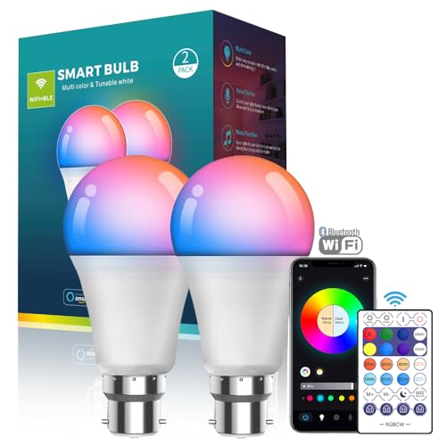 GVOREE 16 Million Colour Changing Light Bulb with Music Sync, WiFi & Bluetooth B22 LED Smart Bulbs Work with Alexa and Google Assistant, 800LM Dimmable 2700K-6500K, 2 Packs (with Remote)