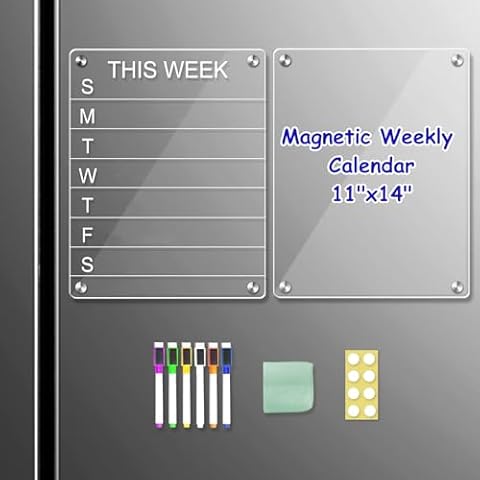 2PCS Clear Weekly Meal Planner Magnetic Acrylic Board Acrylic Magnetic Dry Erase Board for Fridge Magnet Week Calendar for Refrigerator Includes 6 Colors Magnet Markers and A Piece of Cloth 11" X14 Cover