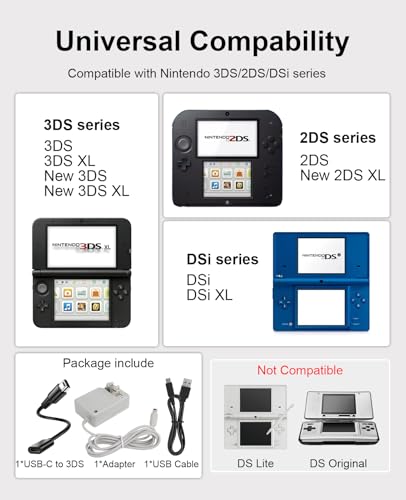 Image of 3DS Charger Set, USB-A & USB-C to 3DS /2DS /DSi Series Charging Cable Compatible with Nintendo 3DS / DSi /DSi XL / 2DS / 2DS XL /New 3DS 100-240V Wall Plug Adapter