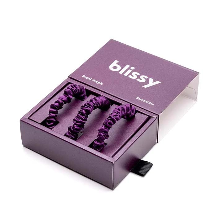 Image of Blissy Silk Scrunchies (3 Pack) - 100% Pure Mulberry Silk - 22 Momme 6A High-Grade Fibers Scrunchie for Straight & Curly Hair (Royal Purple, Skinny)