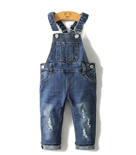 KIDSCOOL SPACE Petite Fille Garçon Jean Salopette, Jean Déchiré Tout-Petit Mignon Pantalon Slim, Bleu Clair, 4-5 Ans