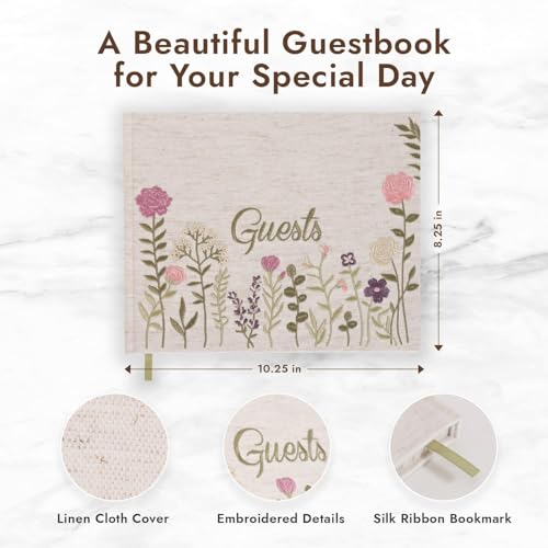 Image of Linen Embroidered Photo Wedding Guest Book - Premium Hardcover Pink Polaroid Guestbook for Wedding Reception, Baby Shower, Bridal Shower, Funeral, Graduation -160 Pages for Notes 10.25 inch x 8.25 inch