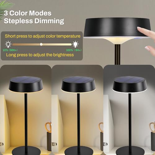 Cordless Solar Table Lamps Set of 2, 3CCT Dimmable Rechargeable Table Lamp, IP67 LED Outdoor Battery Table Lamp with Solar and Type-C Charging, Cordless Lamp for Garden, Bedroom