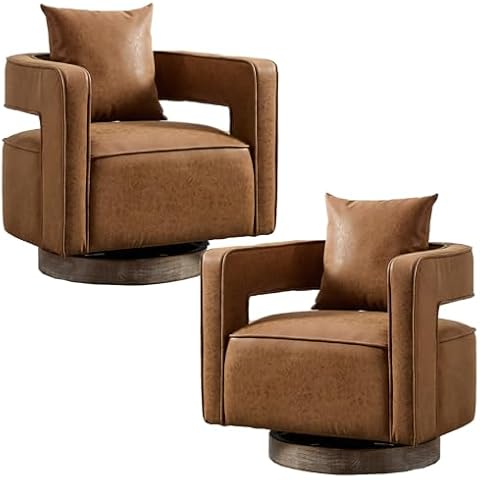 AZSJML Swivel Accent Chair Set of 2, Modern Swivel Barrel Chair for Living Room, 360 Degree Comfy Square Swivel Chair with Open Back, Upholstered Armchair for Bedroom,Reading, PU Leather, Brown Cover