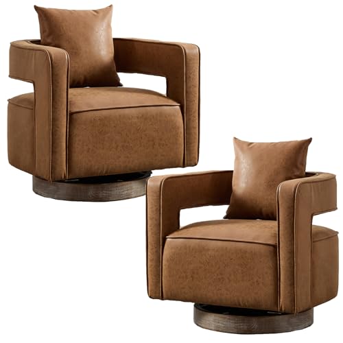 AZSJML Swivel Accent Chair Set of 2, Modern Swivel Barrel Chair for Living Room, 360 Degree Comfy Square Accent Chair with Open Back, Upholstered Armchair for Bedroom,Reading, PU Leather, Brown