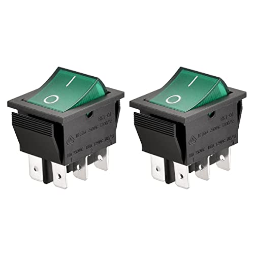 Heschen DPDT Rocker Switch, 16A 250VAC ON-OFF, 6 Terminals, Green Light Illuminated, Panel Mount, 2 Pack