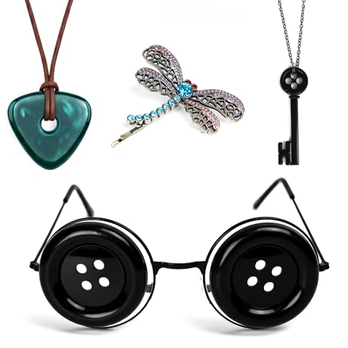 Coraline 4PCS Button Glasses Key Necklace Emerald Necklace Dragonfly Hair Clip Combo Set