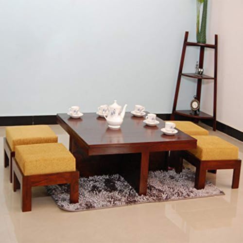 Image of Furniture Solid Sheesham Wood Coffee Table with 4 Stools | Sheesham Wood Coffee Table for Living Room (Brown-Finish, Coffee Table)